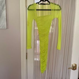 Neon yellow body con sheer dress